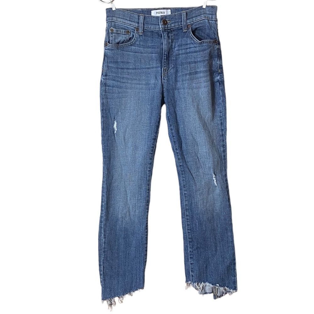 Pistola Wm’s Sz 26 Medium Wash Mid Rise Raw Hem Distressed Gusset Analogue Jeans